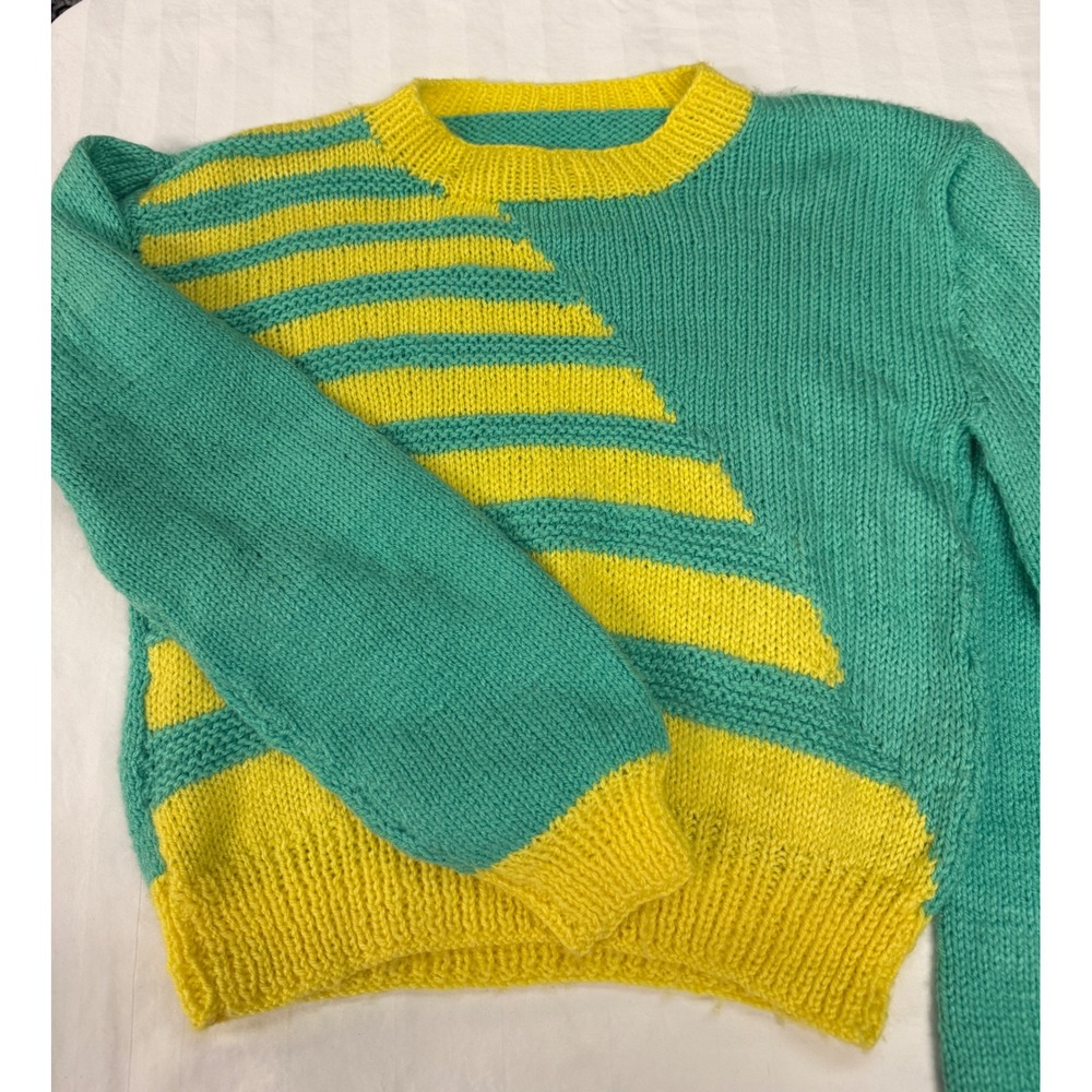 VTG Handmade Knit Sweater 80s 90s Teal Yellow Striped Colorblock Fun Dopamine